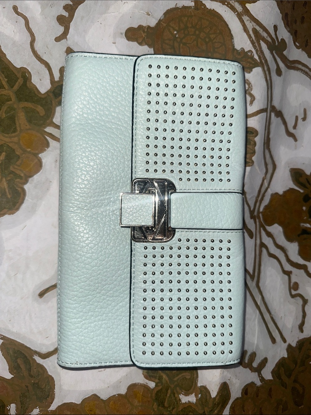 Women's Mint Leather Clutch Wallet with Stud Detail